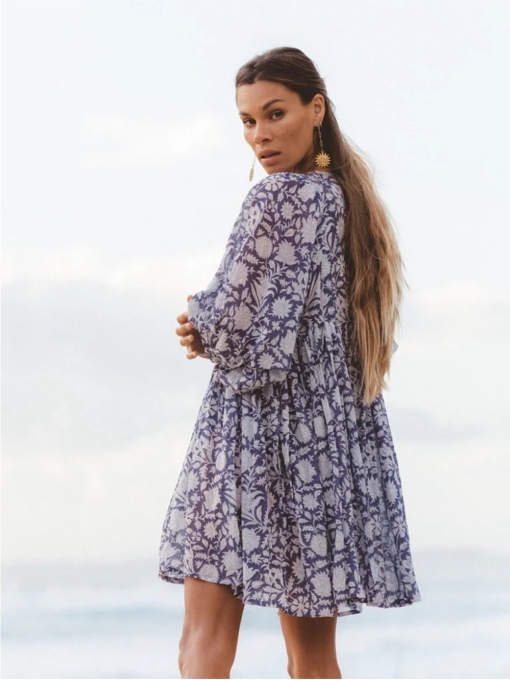 Daughters of India Blue and White Floral Babydoll Dress - Picture 2 of 9